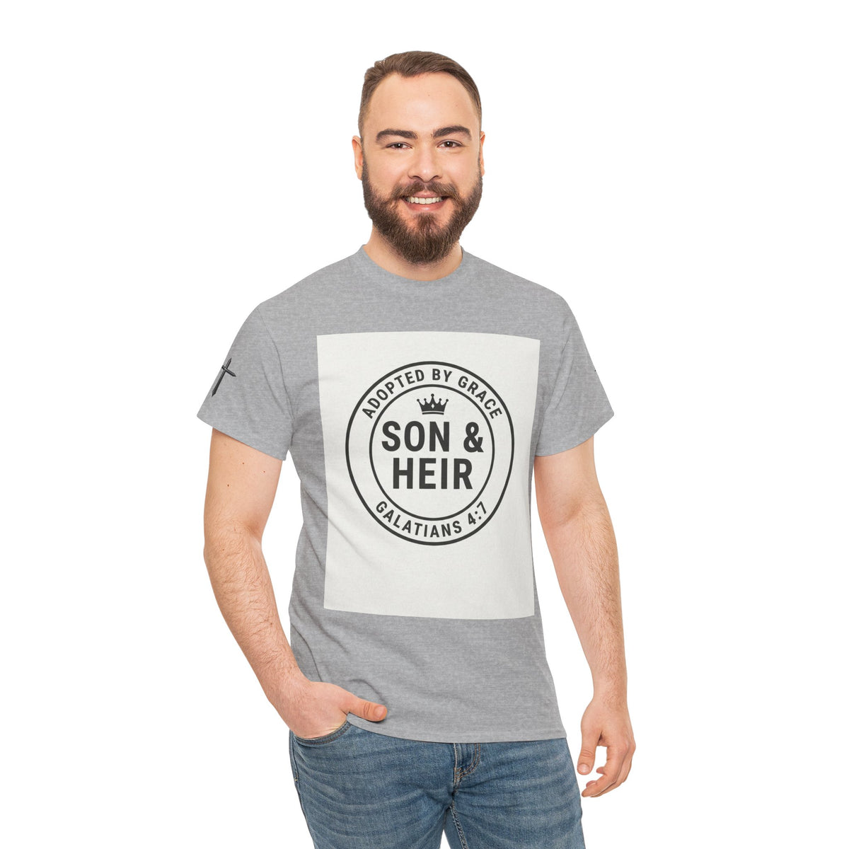 Christian Son & Heir T-Shirt — 'Adopted by Grace' Faith Tee with Jesus Prayer Design