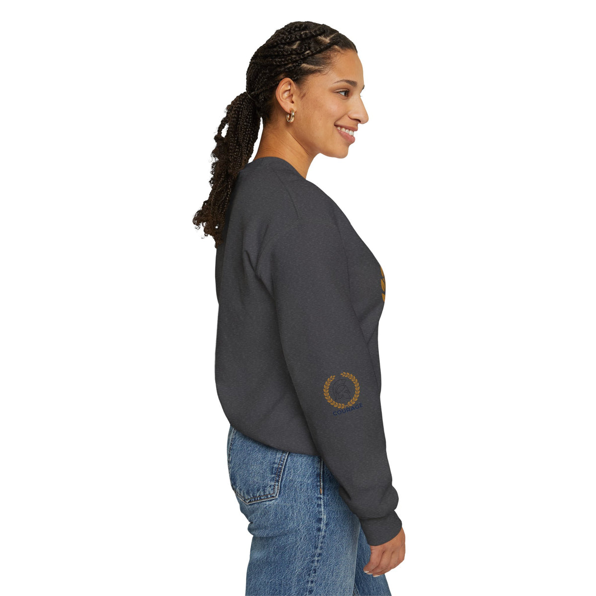 Courage Spartan Helmet Crewneck Sweatshirt — "Courage" with Laurel & Psalm 121:1-2