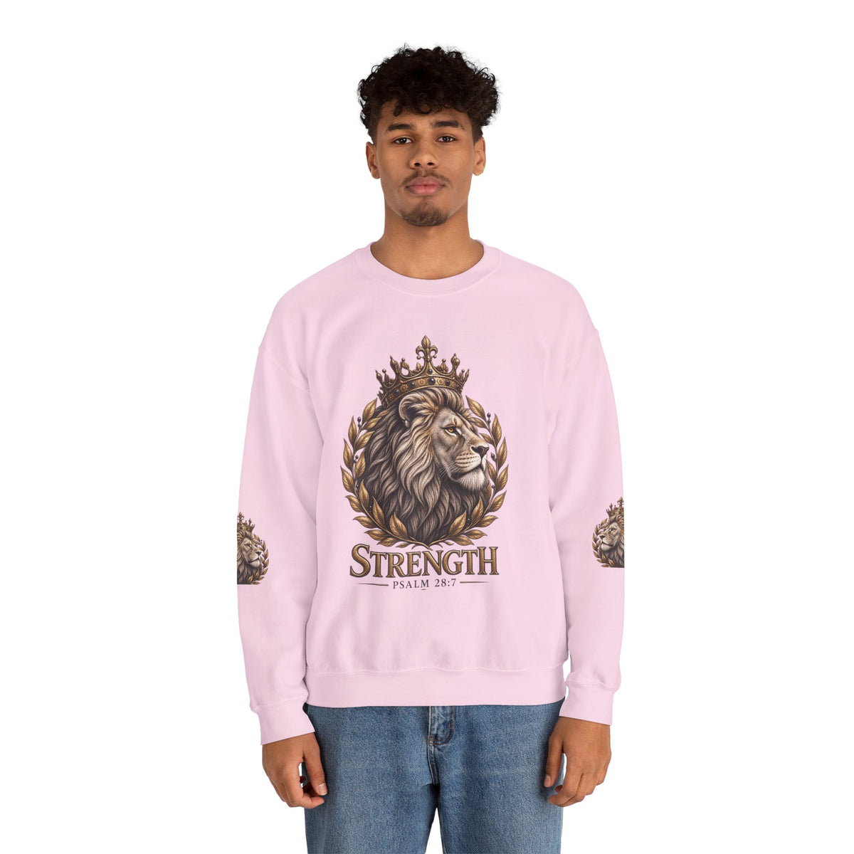 Strength Lion Crewneck Sweatshirt — Psalm 28:7 Inspirational Pullover