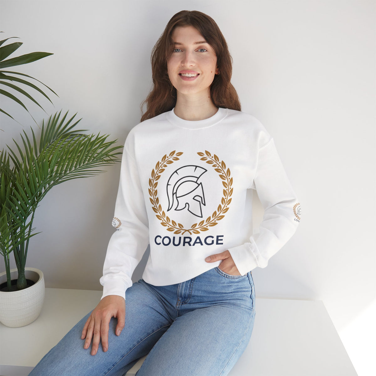 Courage Spartan Helmet Crewneck Sweatshirt — "Courage" with Laurel & Psalm 121:1-2