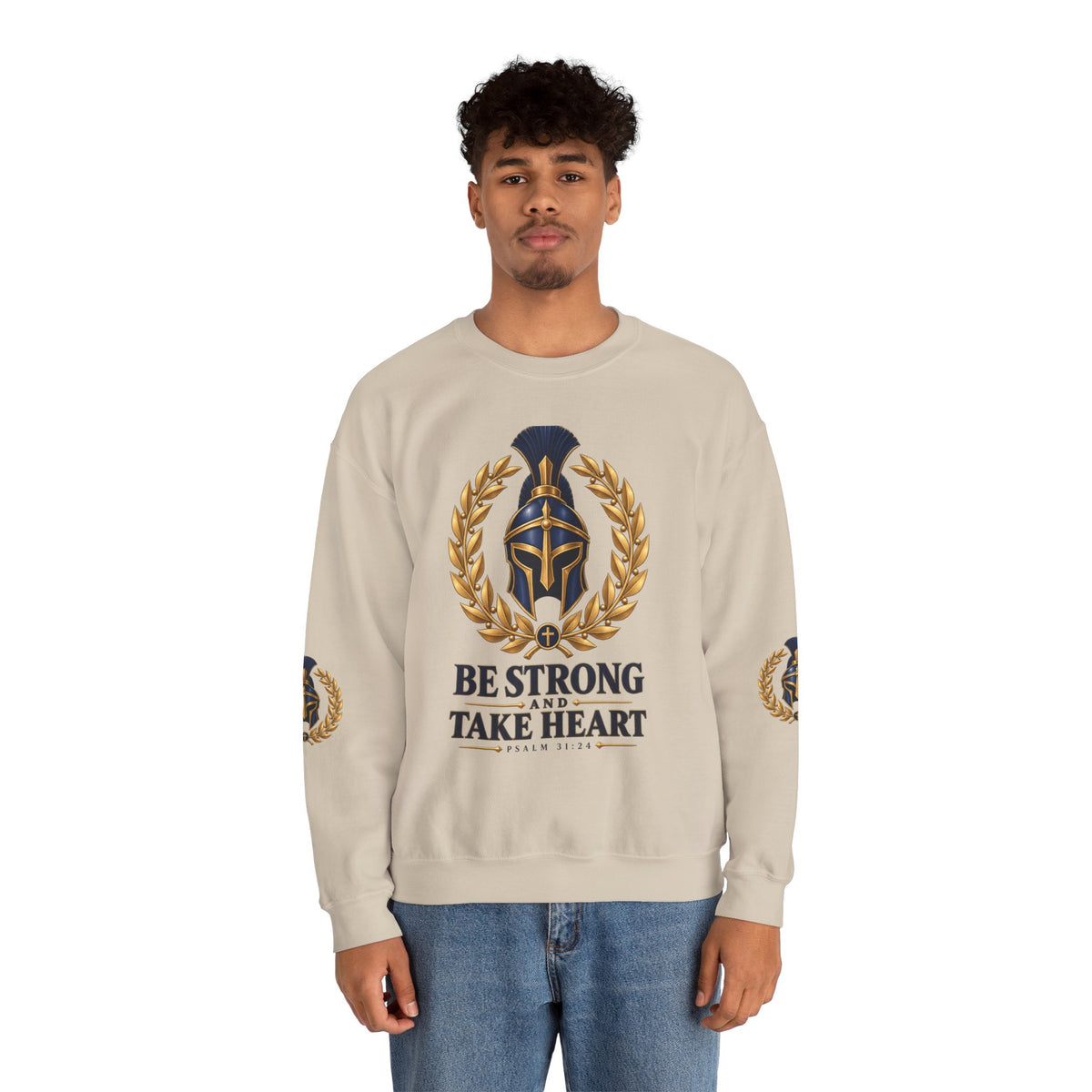 Crewneck Sweatshirt — "Be Strong and Take Heart" Psalm 31:24 Spartan Helmet Design