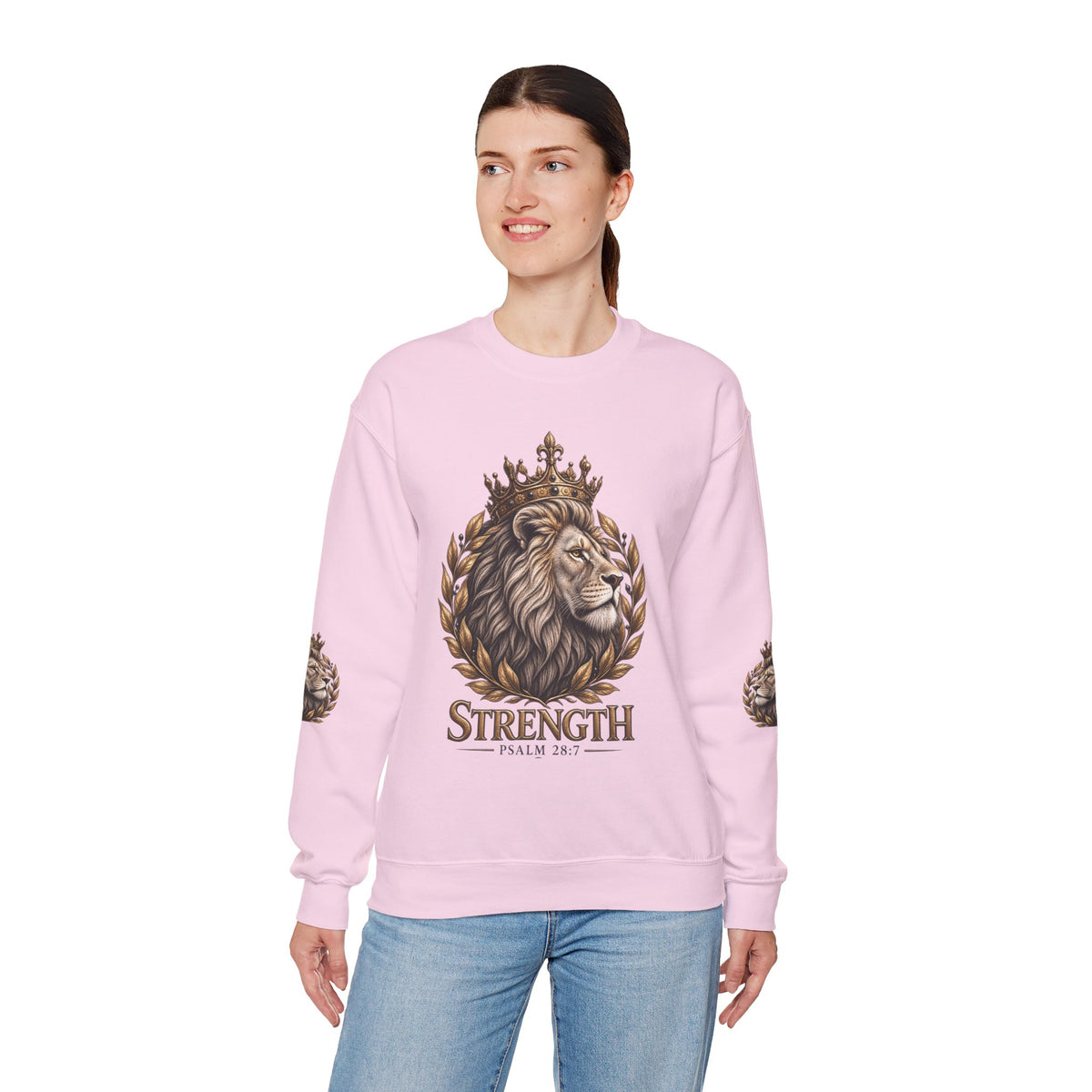 Strength Lion Crewneck Sweatshirt — Psalm 28:7 Inspirational Pullover