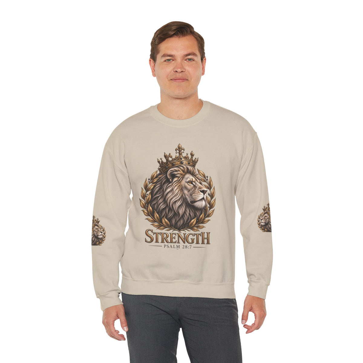 Strength Lion Crewneck Sweatshirt — Psalm 28:7 Inspirational Pullover