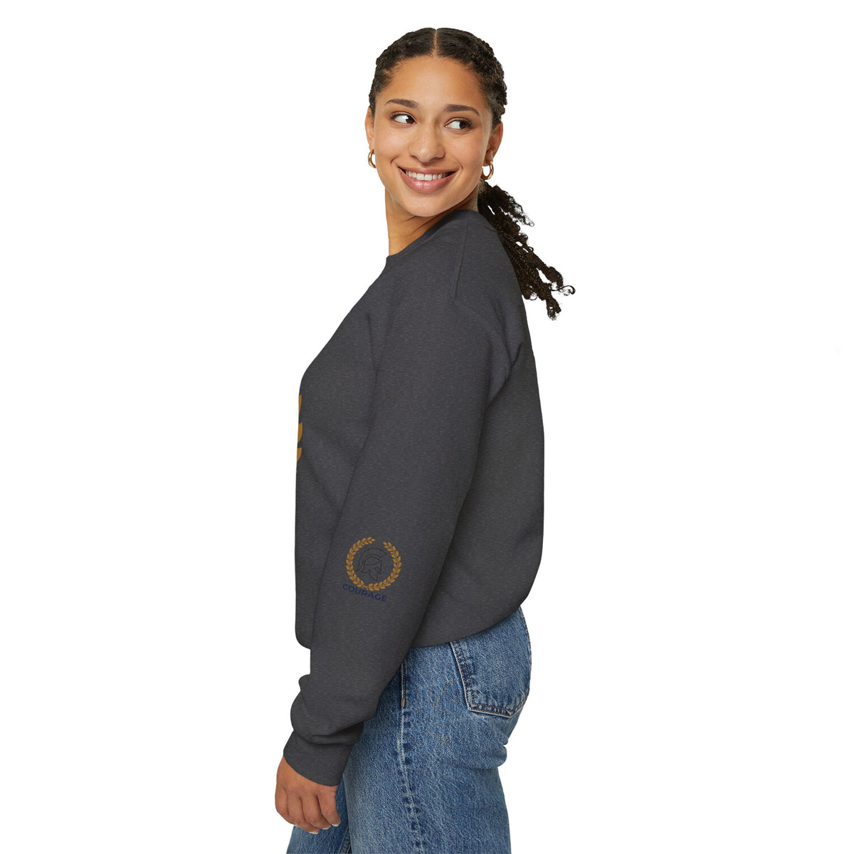 Courage Spartan Helmet Crewneck Sweatshirt — "Courage" with Laurel & Psalm 121:1-2