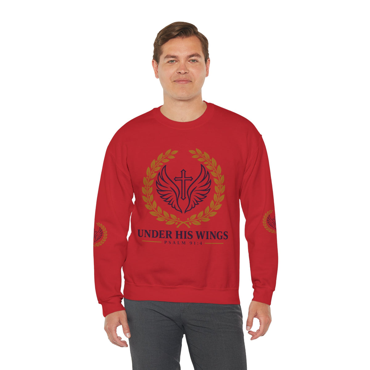 Religious Crewneck Sweatshirt – “Under His Wings” Psalm 91:4 Christian Pullover