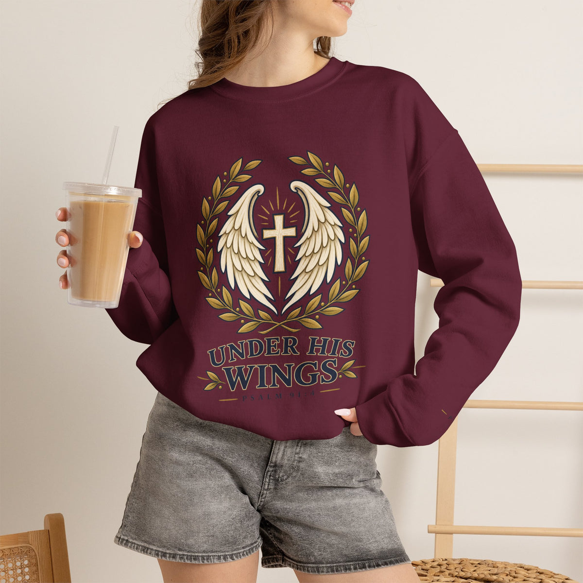 Under His Wings Crewneck Sweatshirt — Christian Cross & Angel Wings Psalm Design