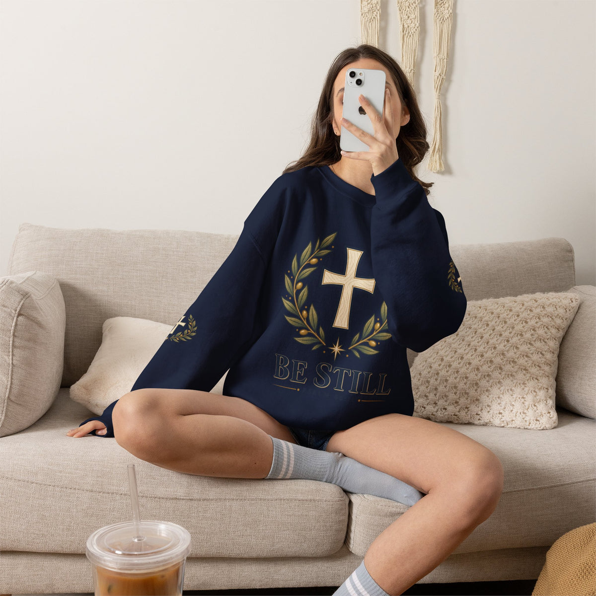 Crewneck Sweatshirt — "Be Still" Psalm 46:10 Christian Cross Design