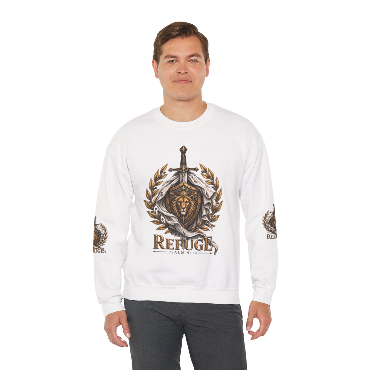 Crewneck Sweatshirt — 'Refuge' Lion & Sword Psalm 91:4 Christian Pullover
