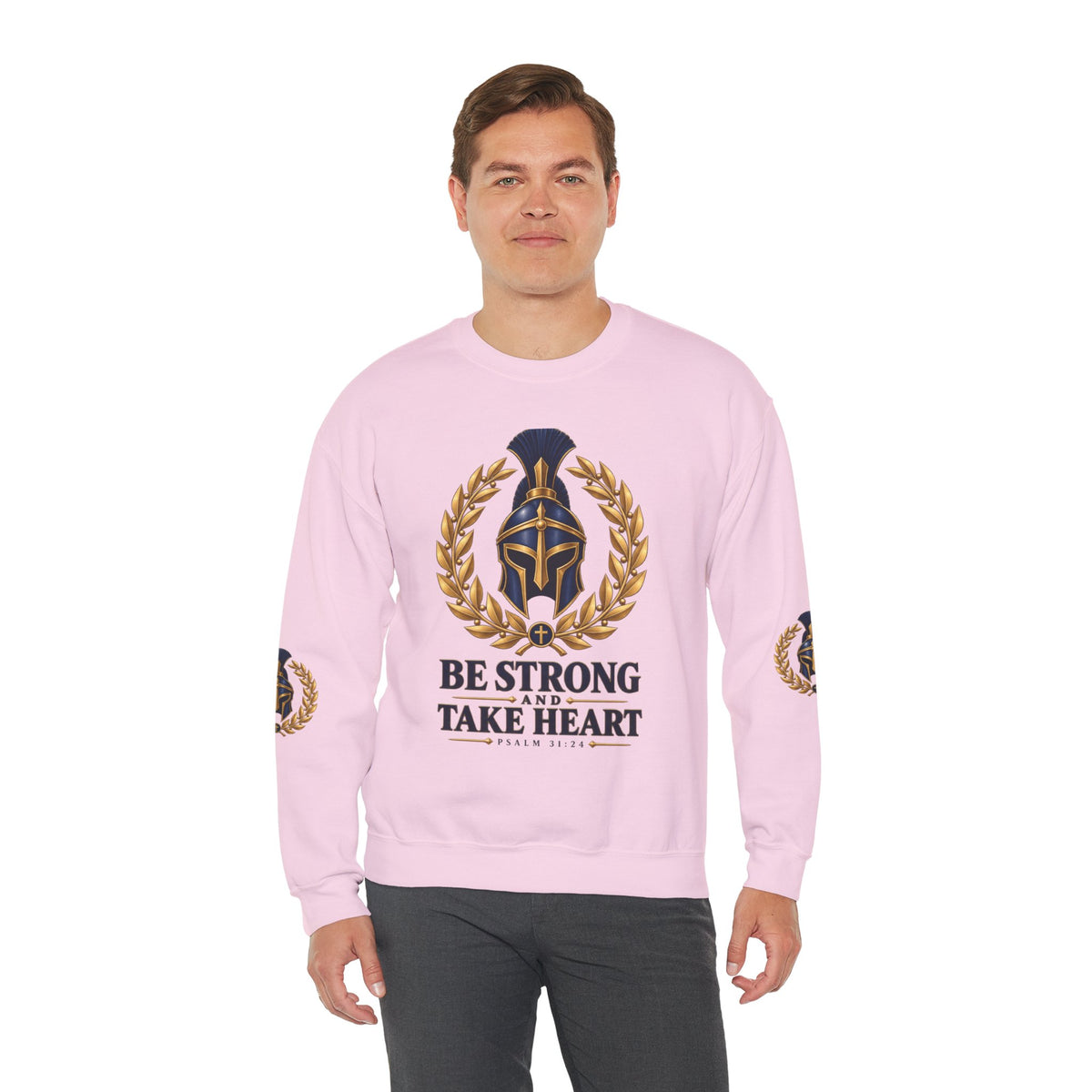 Crewneck Sweatshirt — "Be Strong and Take Heart" Psalm 31:24 Spartan Helmet Design