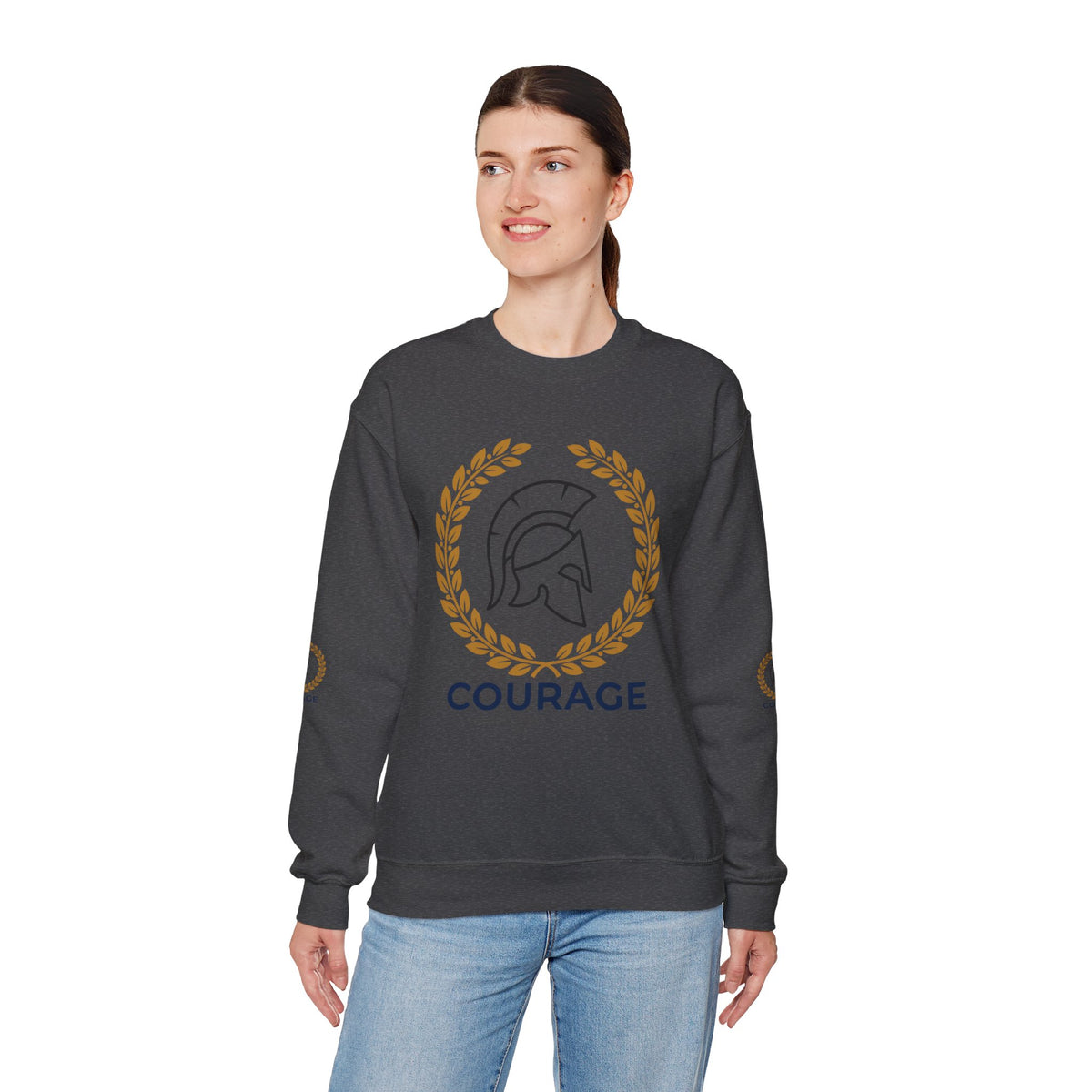 Courage Spartan Helmet Crewneck Sweatshirt — "Courage" with Laurel & Psalm 121:1-2