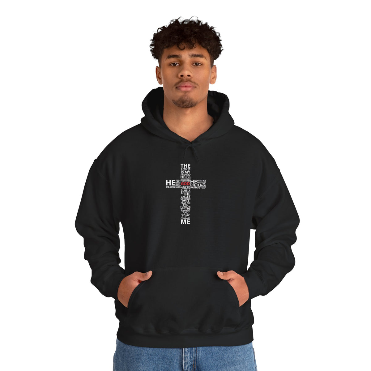 Christian Cross Hoodie - "He Renewed Me" Word Cloud Faith Sweatshirt