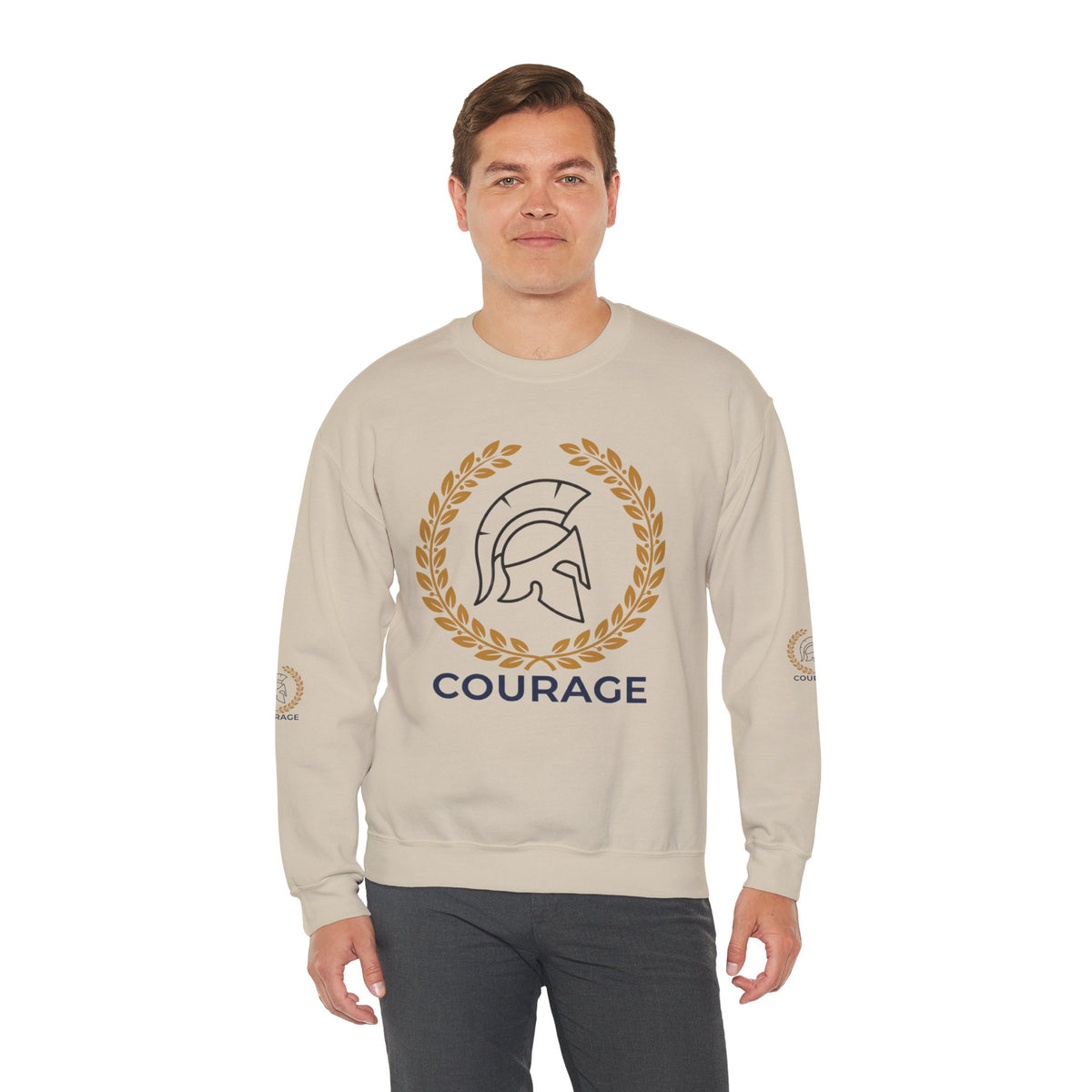 Courage Spartan Helmet Crewneck Sweatshirt — "Courage" with Laurel & Psalm 121:1-2