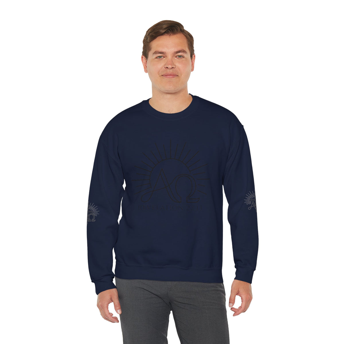 Alpha & Omega Crewneck Sweatshirt — Revelation 22:13 Christian Graphic Pullover