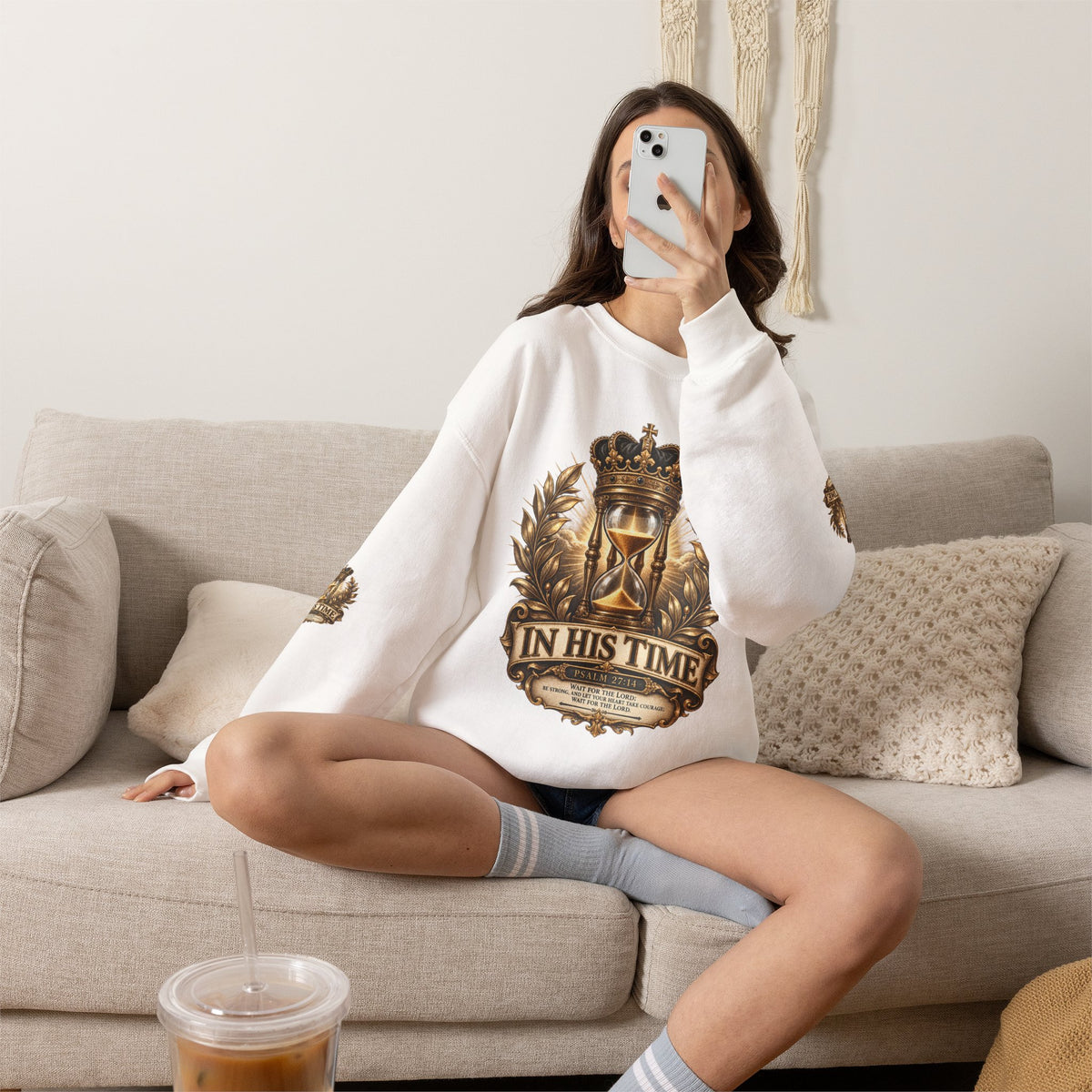 In His Time Crewneck Sweatshirt – Inspirational Christian Scripture Hourglass Design