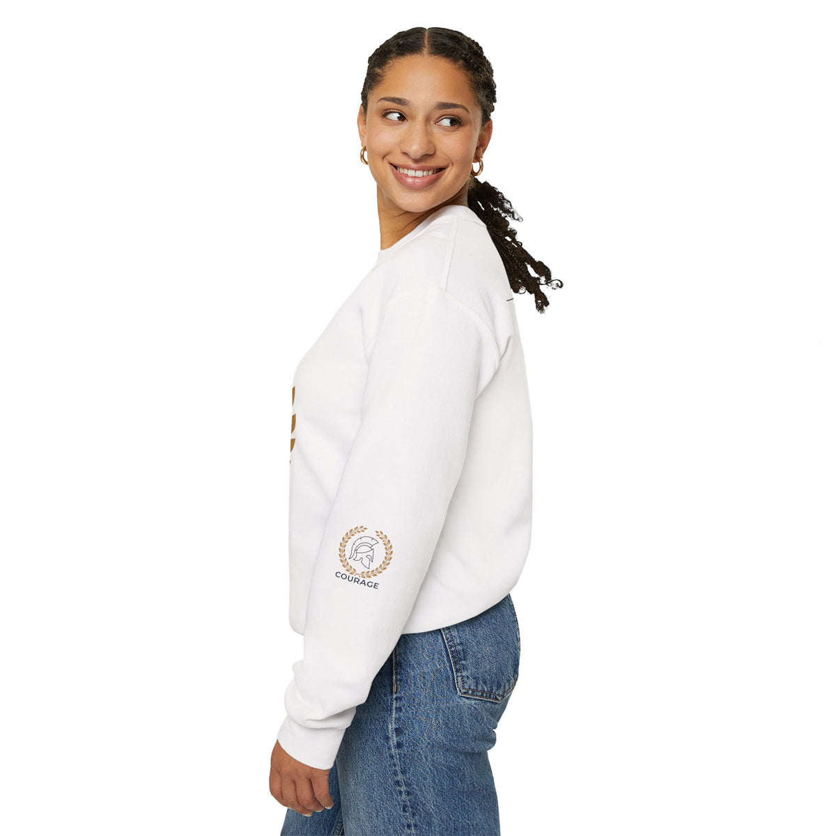 Courage Spartan Helmet Crewneck Sweatshirt — "Courage" with Laurel & Psalm 121:1-2