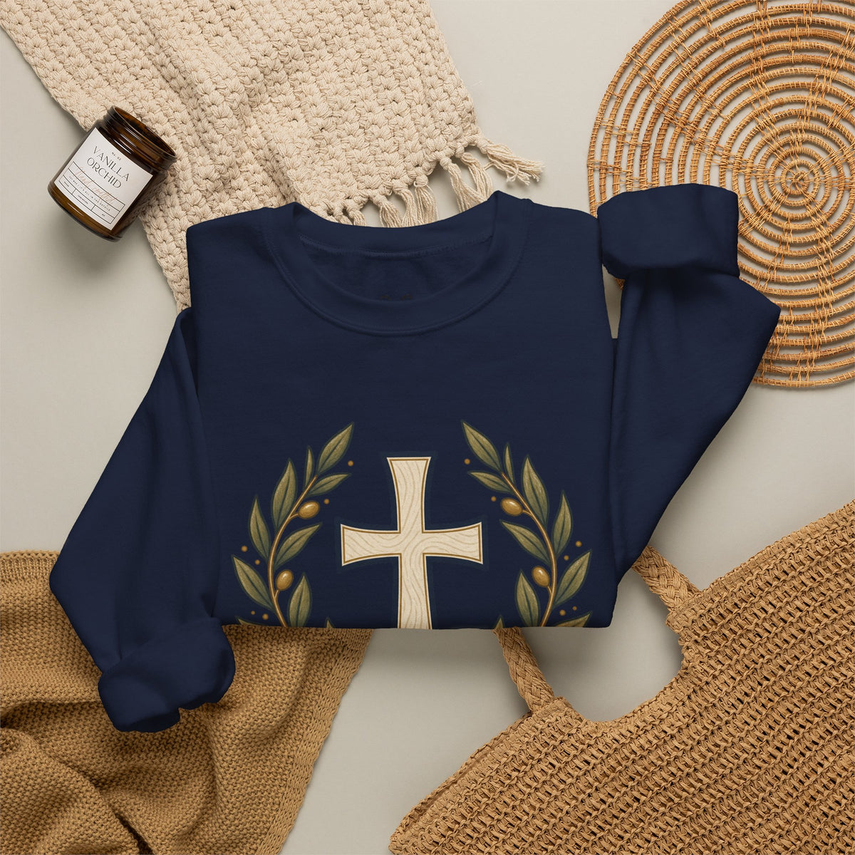 Crewneck Sweatshirt — "Be Still" Psalm 46:10 Christian Cross Design
