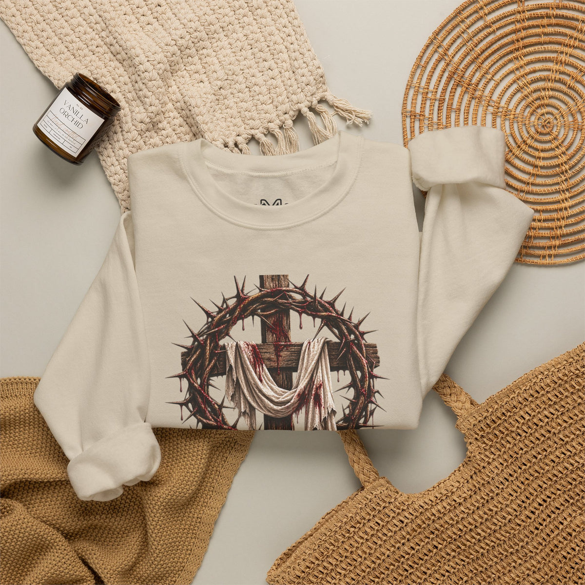 Redeemed Cross Sweatshirt — Christian Faith Crewneck (crown of thorns design)