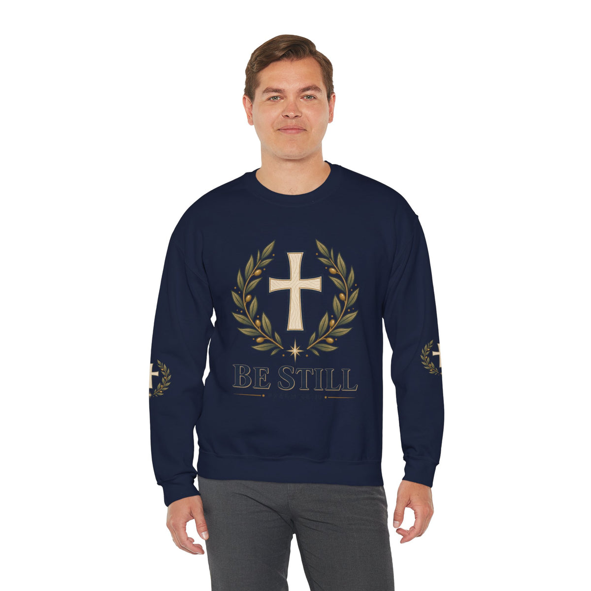 Crewneck Sweatshirt — "Be Still" Psalm 46:10 Christian Cross Design