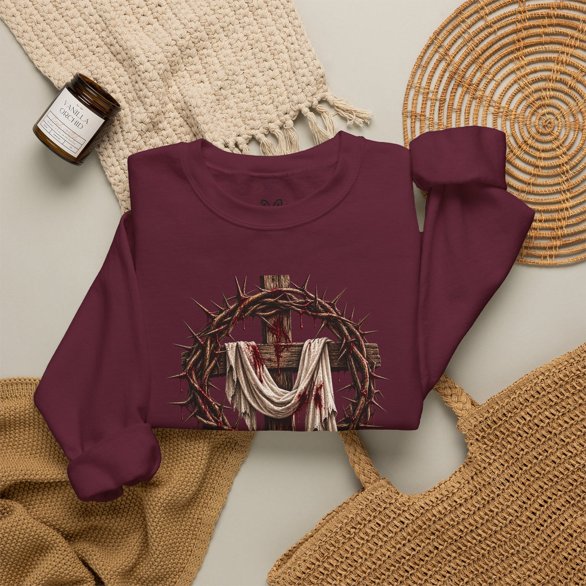 Redeemed Cross Sweatshirt — Christian Faith Crewneck (crown of thorns design)