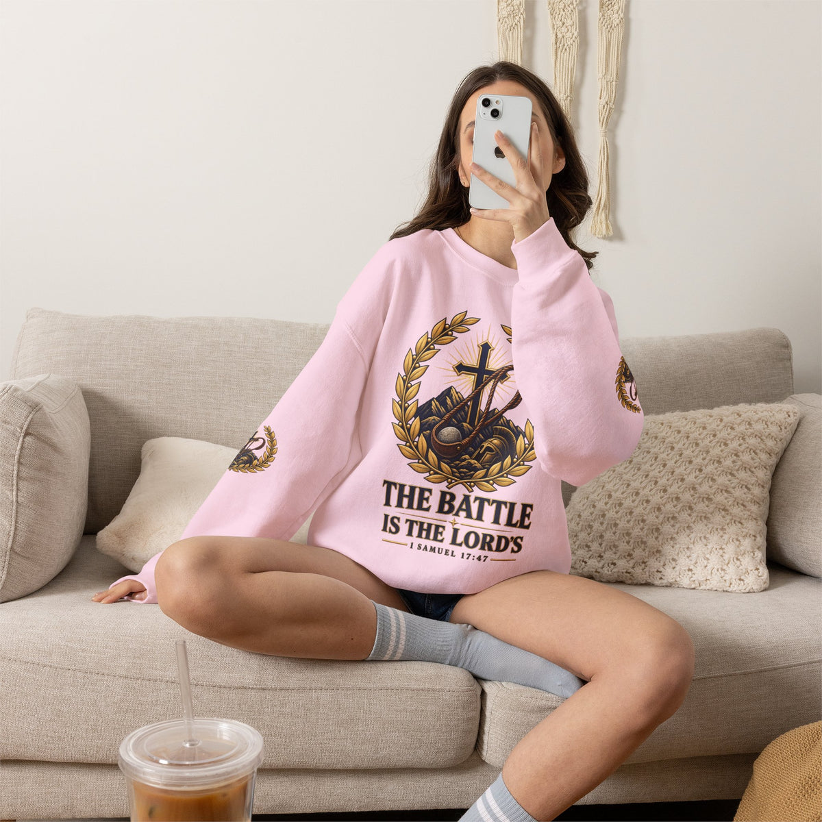 Religious Crewneck Sweatshirt — "The Battle Is The Lord's" (1 Samuel 17:47)