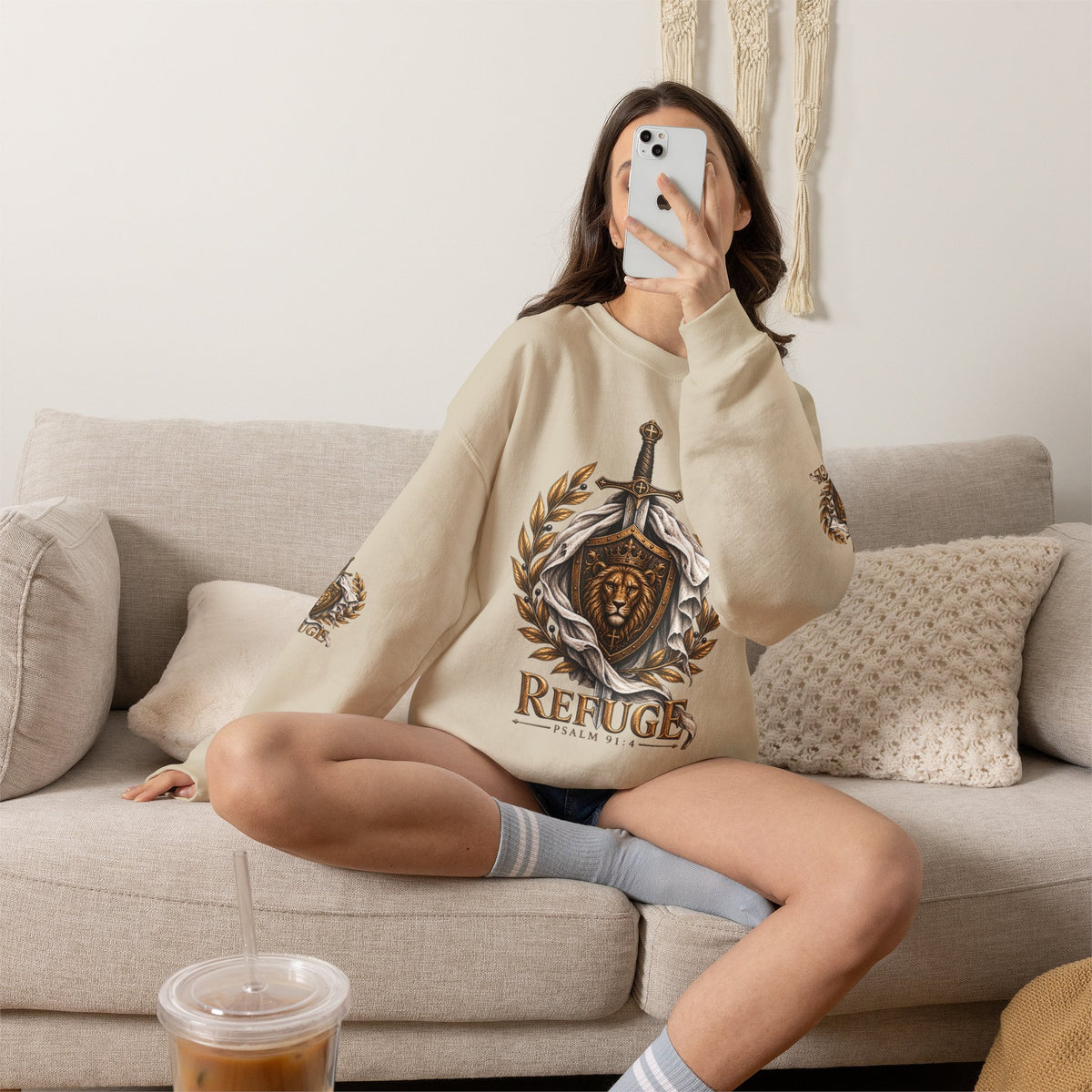 Crewneck Sweatshirt — 'Refuge' Lion & Sword Psalm 91:4 Christian Pullover