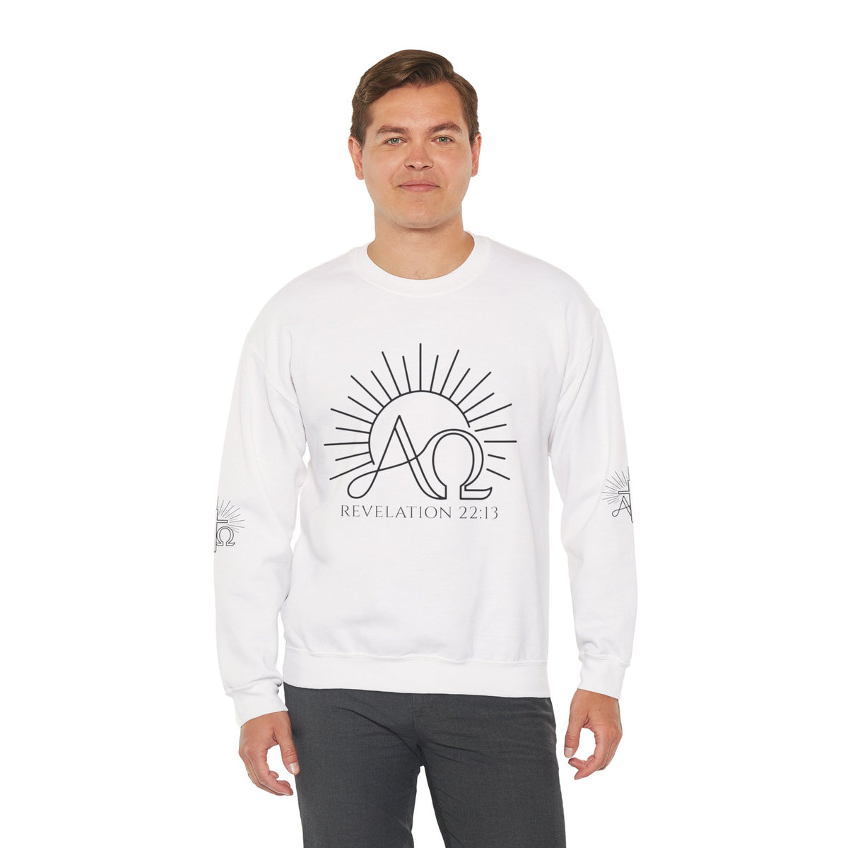 Alpha & Omega Crewneck Sweatshirt — Revelation 22:13 Christian Graphic Pullover