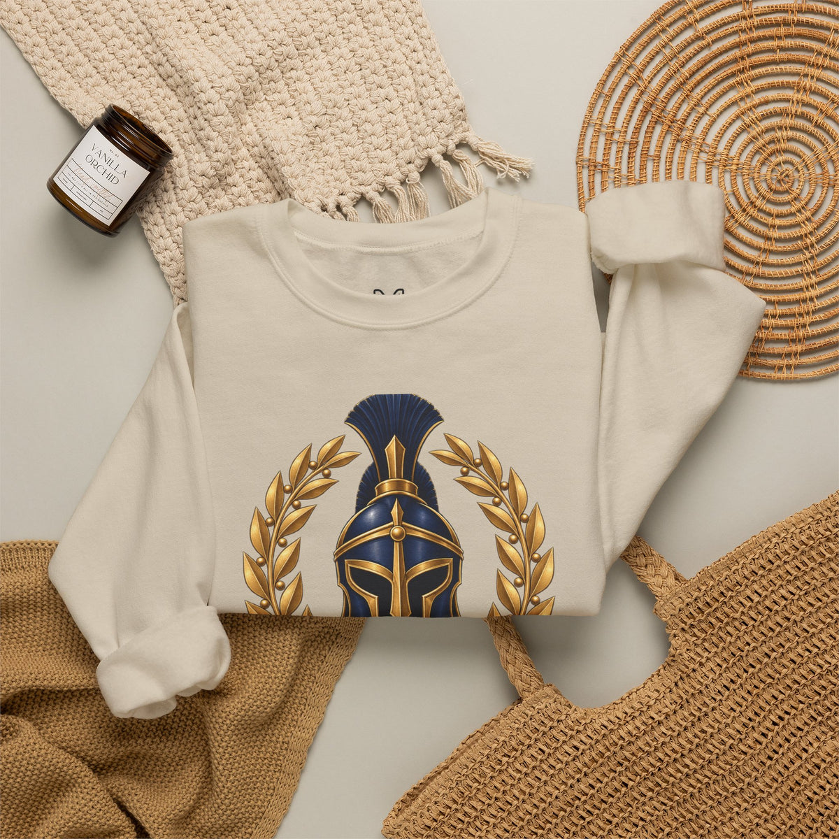 Crewneck Sweatshirt — "Be Strong and Take Heart" Psalm 31:24 Spartan Helmet Design
