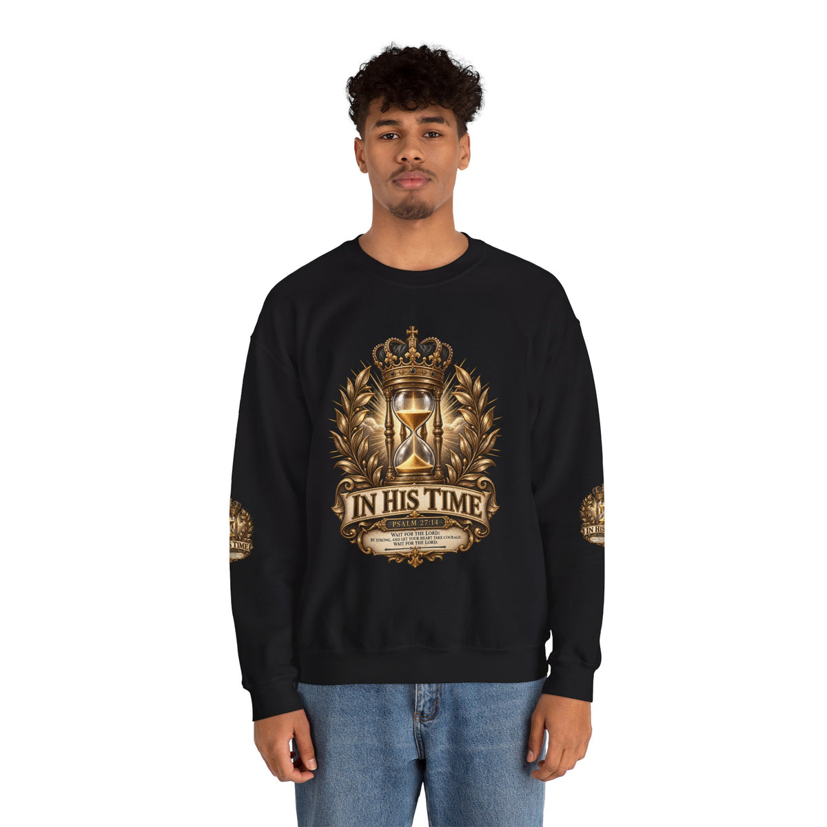 In His Time Crewneck Sweatshirt – Inspirational Christian Scripture Hourglass Design