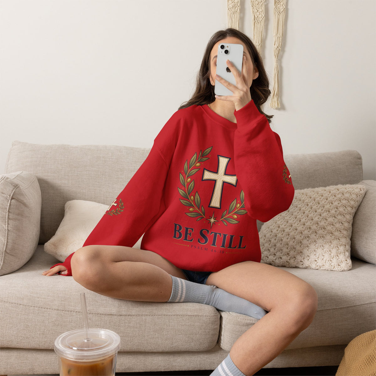 Crewneck Sweatshirt — "Be Still" Psalm 46:10 Christian Cross Design
