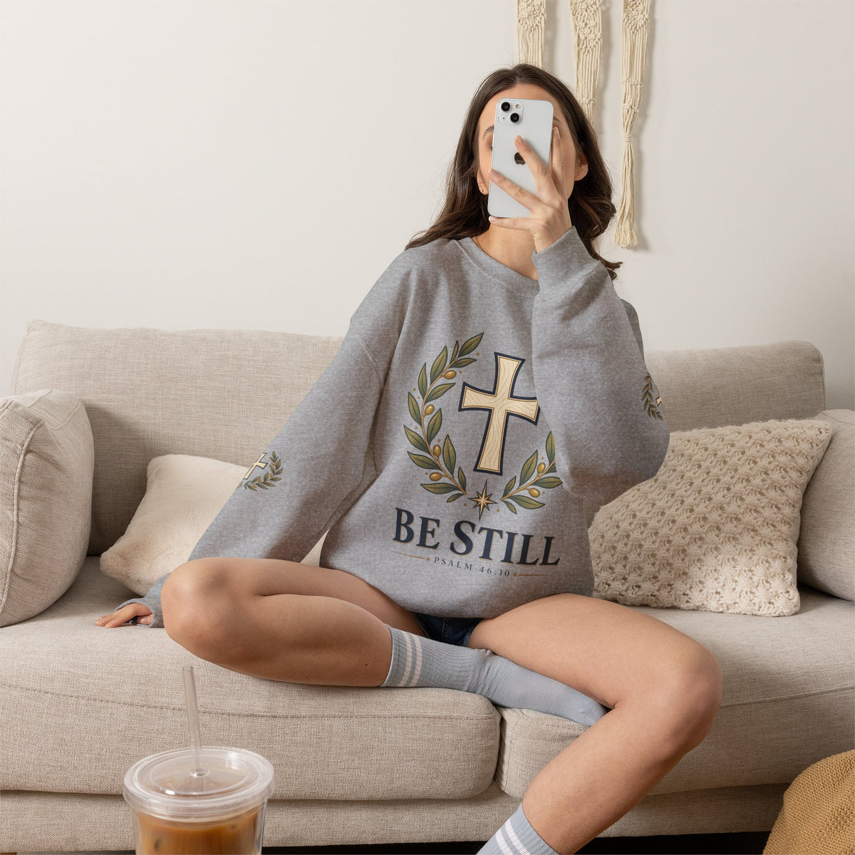 Crewneck Sweatshirt — "Be Still" Psalm 46:10 Christian Cross Design