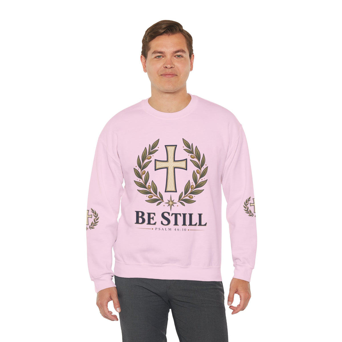 Crewneck Sweatshirt — "Be Still" Psalm 46:10 Christian Cross Design