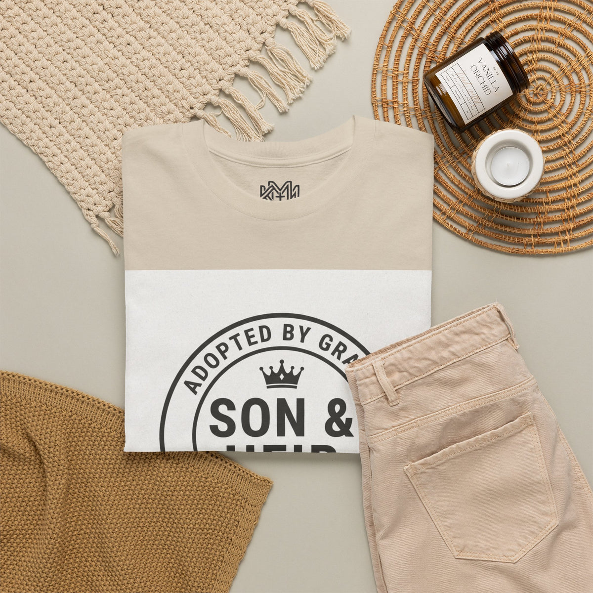 Christian Son & Heir T-Shirt — 'Adopted by Grace' Faith Tee with Jesus Prayer Design