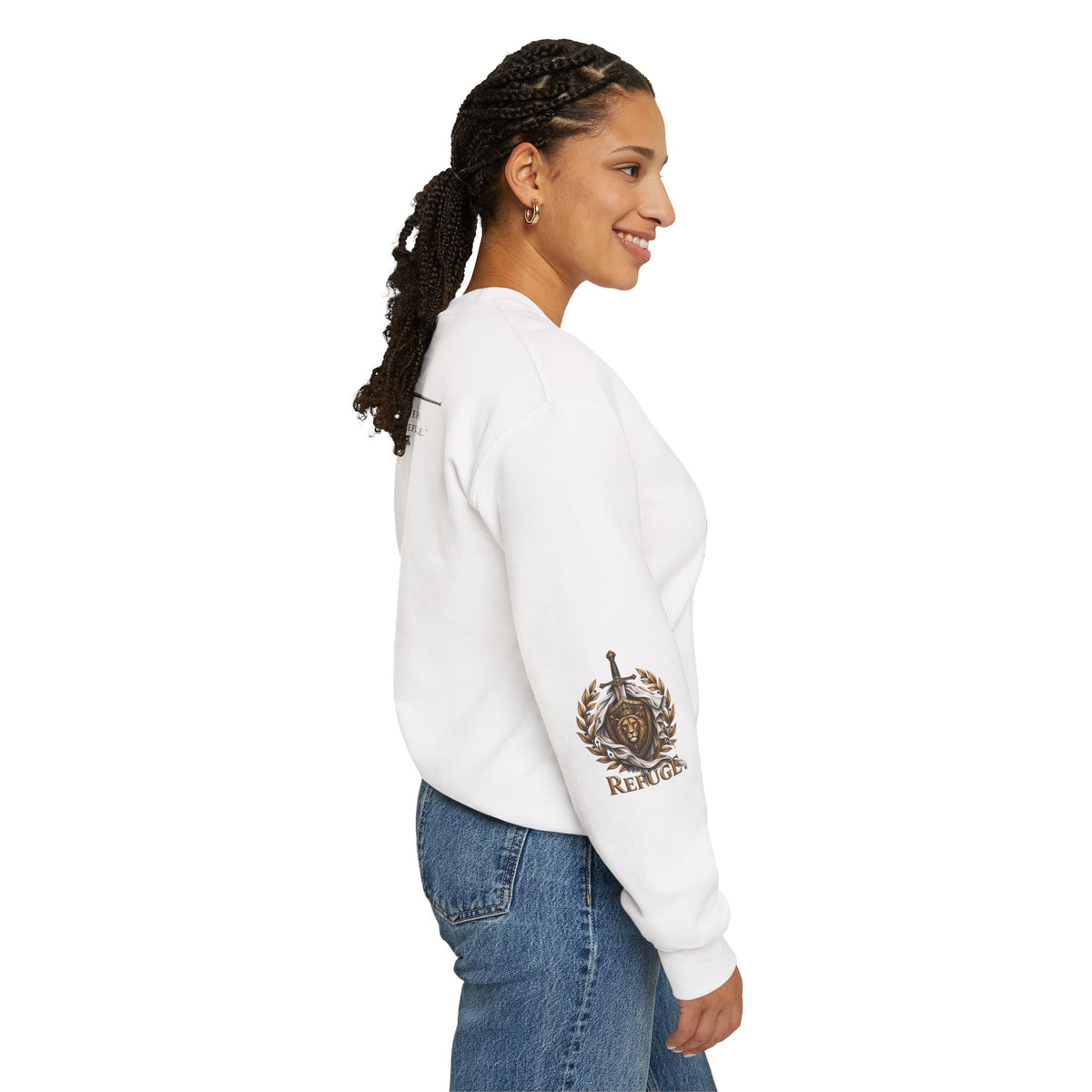 Crewneck Sweatshirt — 'Refuge' Lion & Sword Psalm 91:4 Christian Pullover