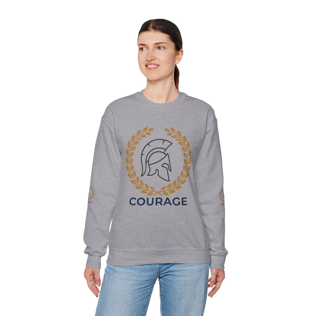 Courage Spartan Helmet Crewneck Sweatshirt — "Courage" with Laurel & Psalm 121:1-2