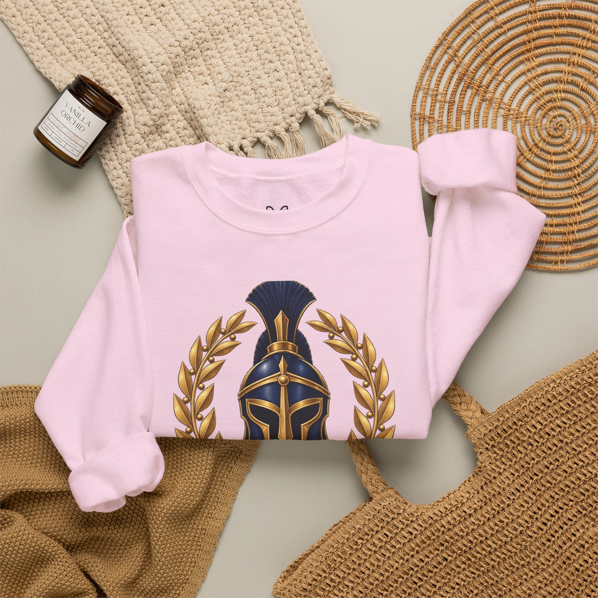 Crewneck Sweatshirt — "Be Strong and Take Heart" Psalm 31:24 Spartan Helmet Design