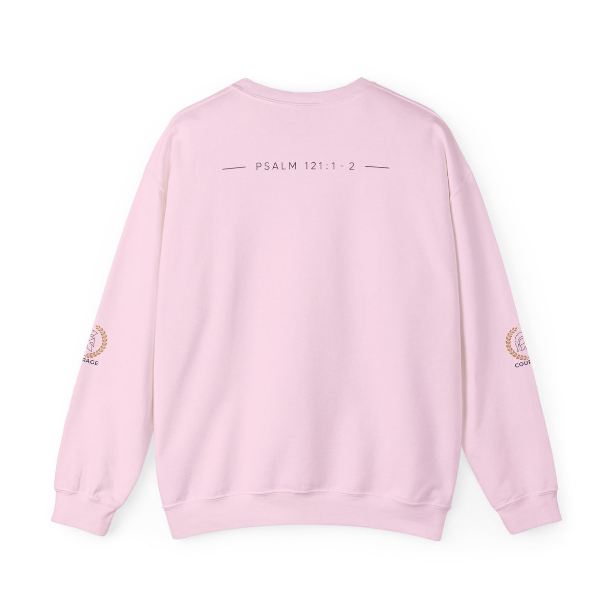 Courage Spartan Helmet Crewneck Sweatshirt — "Courage" with Laurel & Psalm 121:1-2