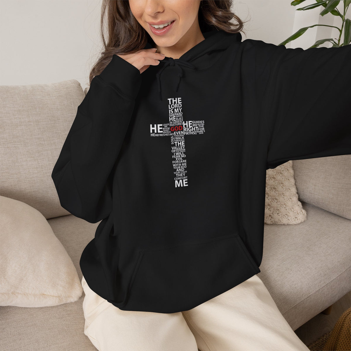 Christian Cross Hoodie - "He Renewed Me" Word Cloud Faith Sweatshirt