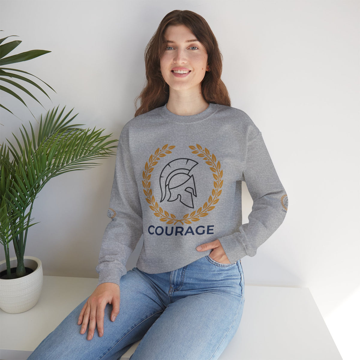 Courage Spartan Helmet Crewneck Sweatshirt — "Courage" with Laurel & Psalm 121:1-2