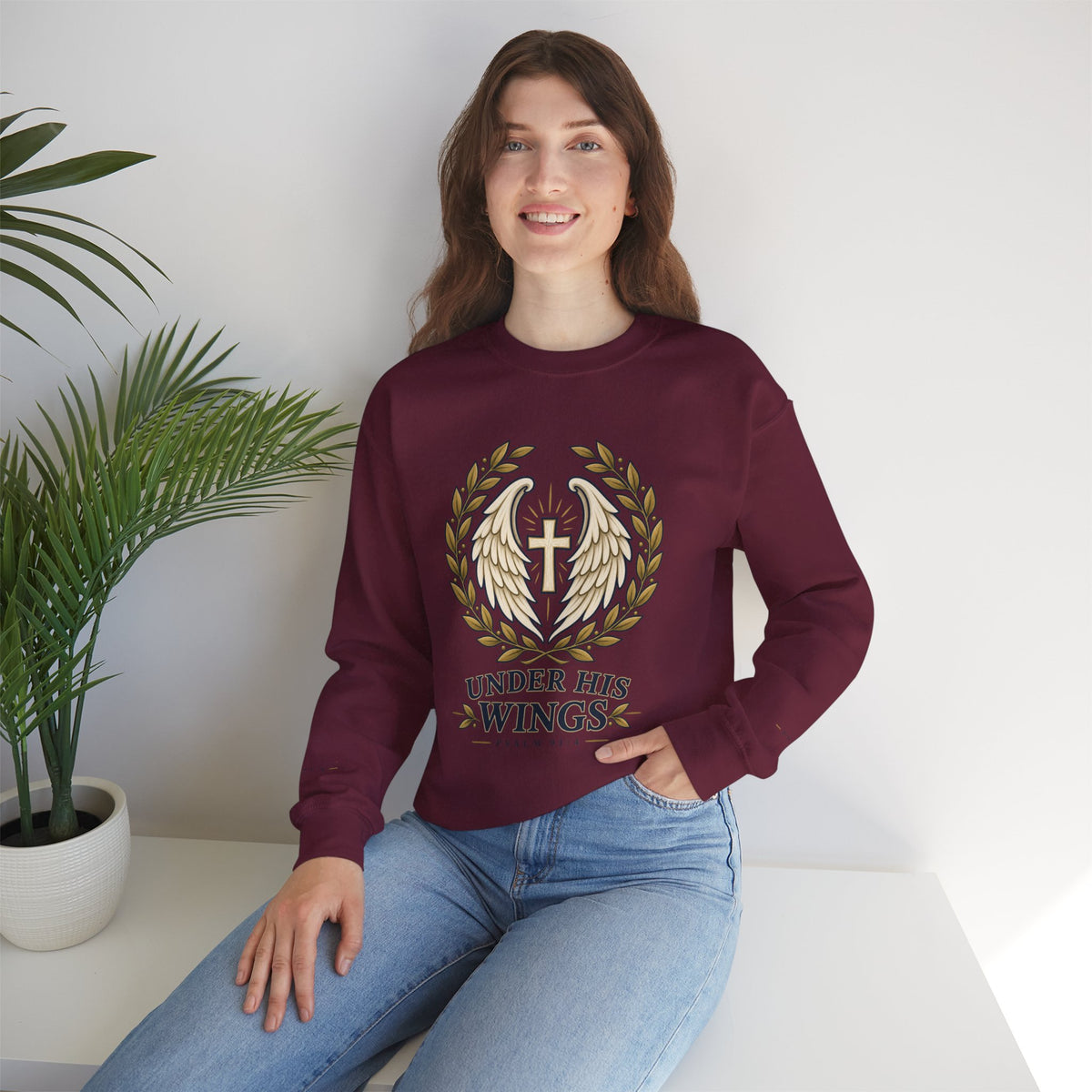 Under His Wings Crewneck Sweatshirt — Christian Cross & Angel Wings Psalm Design