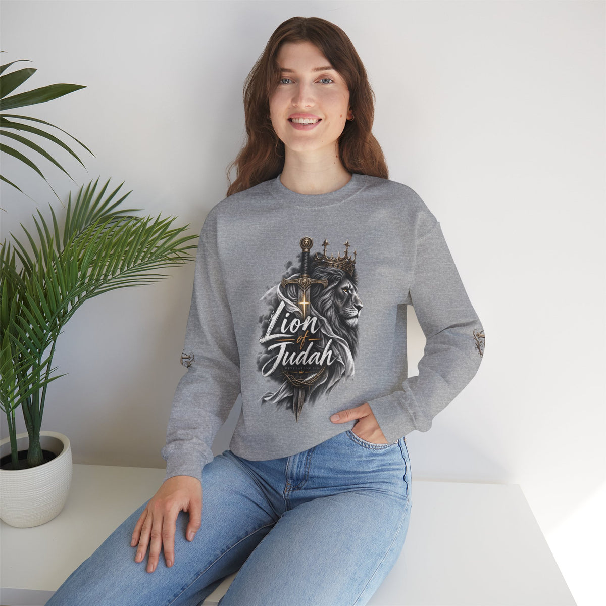 Lion of Judah Sweatshirt — Christian Lion Crewneck with Crown & Ichthys Back
