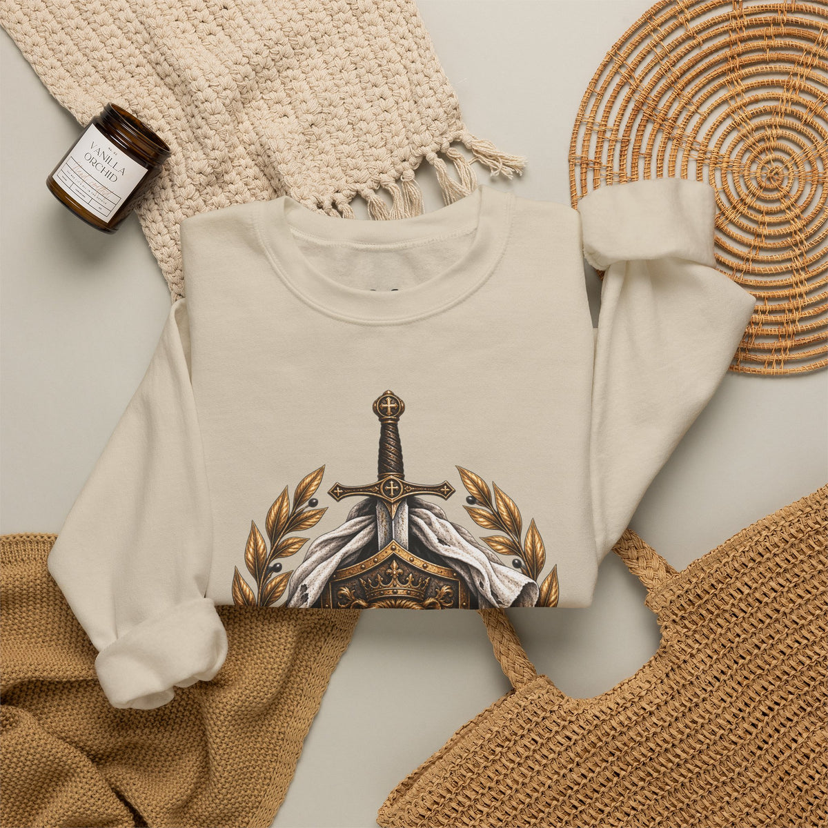 Crewneck Sweatshirt — 'Refuge' Lion & Sword Psalm 91:4 Christian Pullover