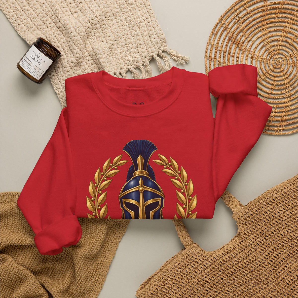 Crewneck Sweatshirt — "Be Strong and Take Heart" Psalm 31:24 Spartan Helmet Design