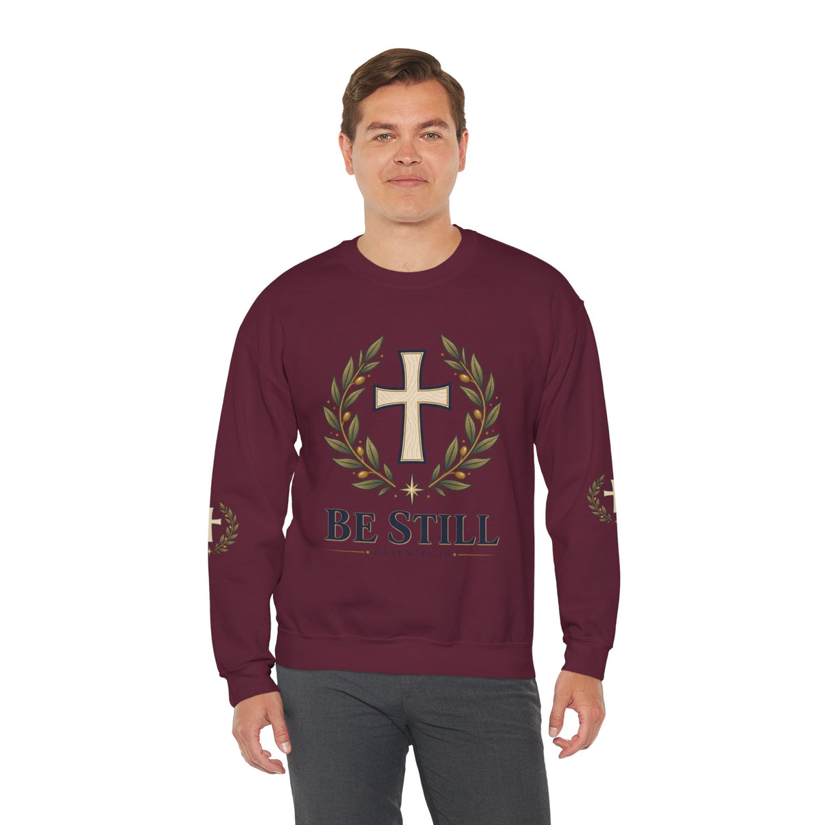 Crewneck Sweatshirt — "Be Still" Psalm 46:10 Christian Cross Design