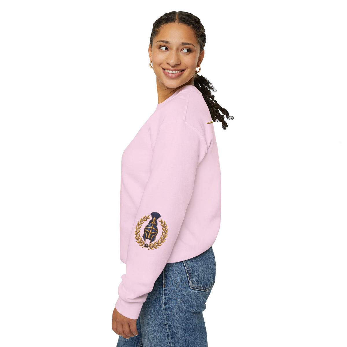Crewneck Sweatshirt — "Be Strong and Take Heart" Psalm 31:24 Spartan Helmet Design