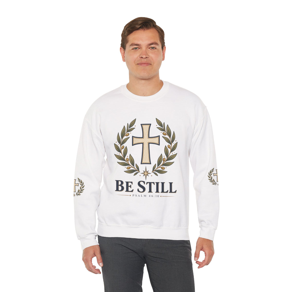 Crewneck Sweatshirt — "Be Still" Psalm 46:10 Christian Cross Design