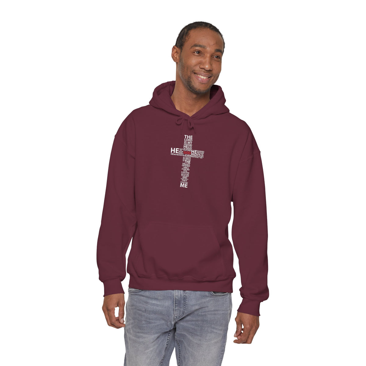 Christian Cross Hoodie - "He Renewed Me" Word Cloud Faith Sweatshirt