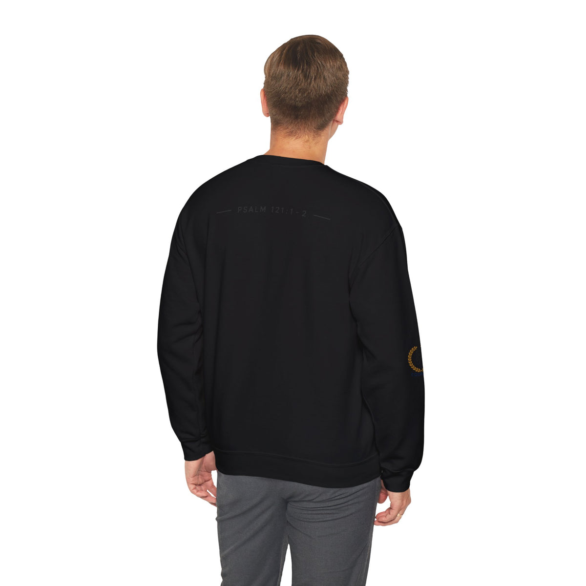 Courage Spartan Helmet Crewneck Sweatshirt — "Courage" with Laurel & Psalm 121:1-2