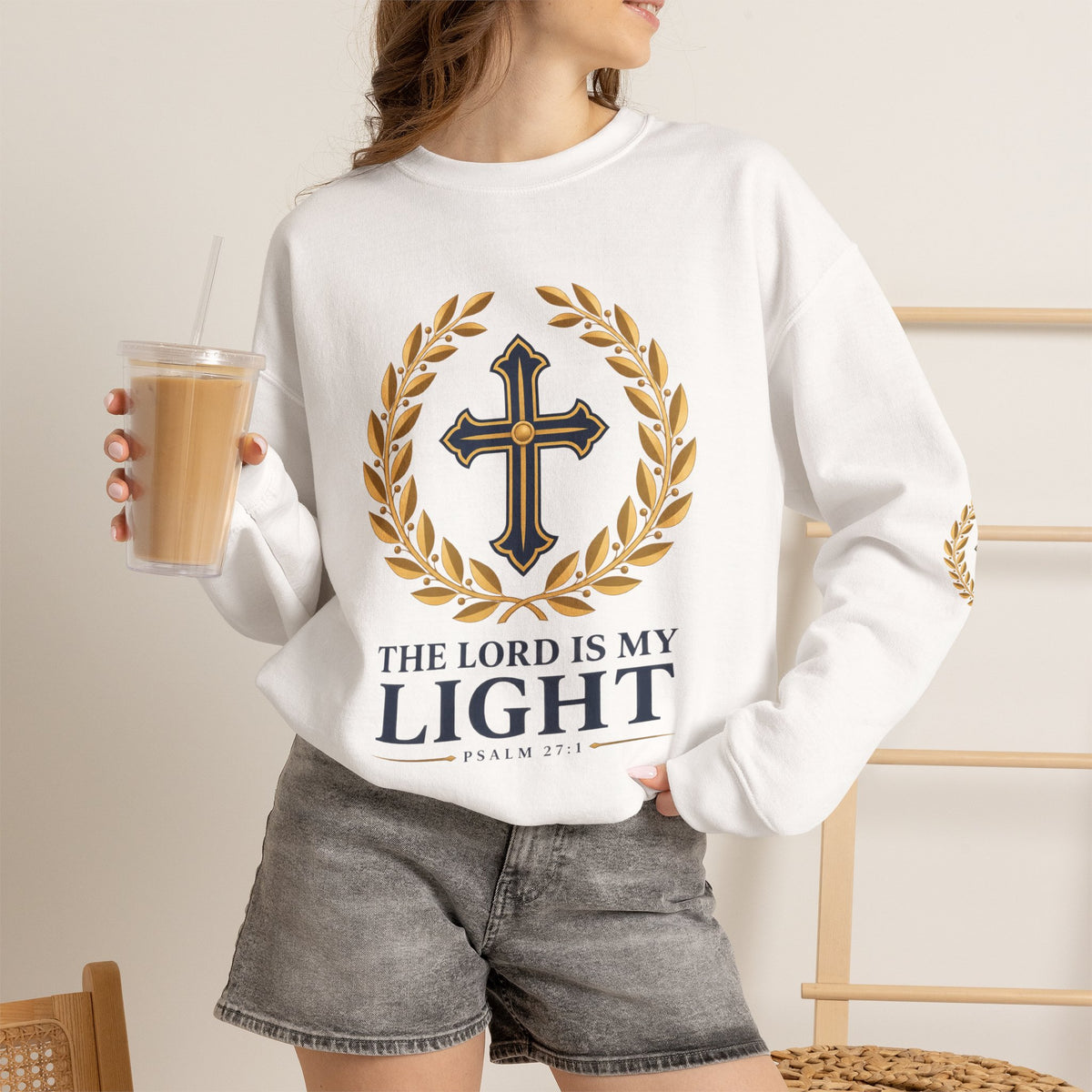 Psalm 27 Crewneck Sweatshirt — "The Lord Is My Light" Christian Cross Pullover