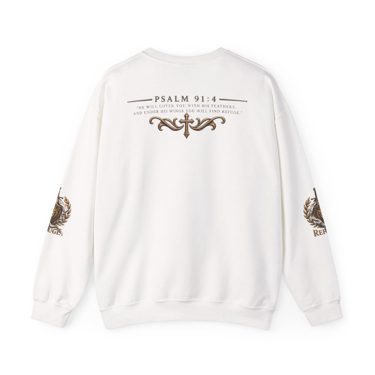 Crewneck Sweatshirt — 'Refuge' Lion & Sword Psalm 91:4 Christian Pullover