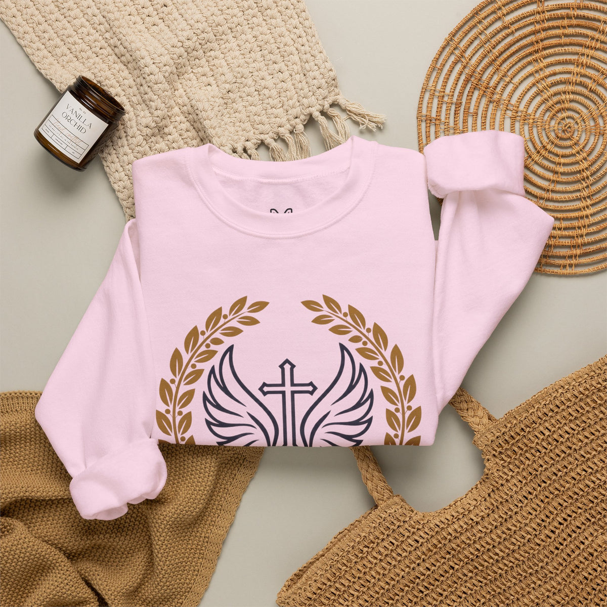 Religious Crewneck Sweatshirt – “Under His Wings” Psalm 91:4 Christian Pullover